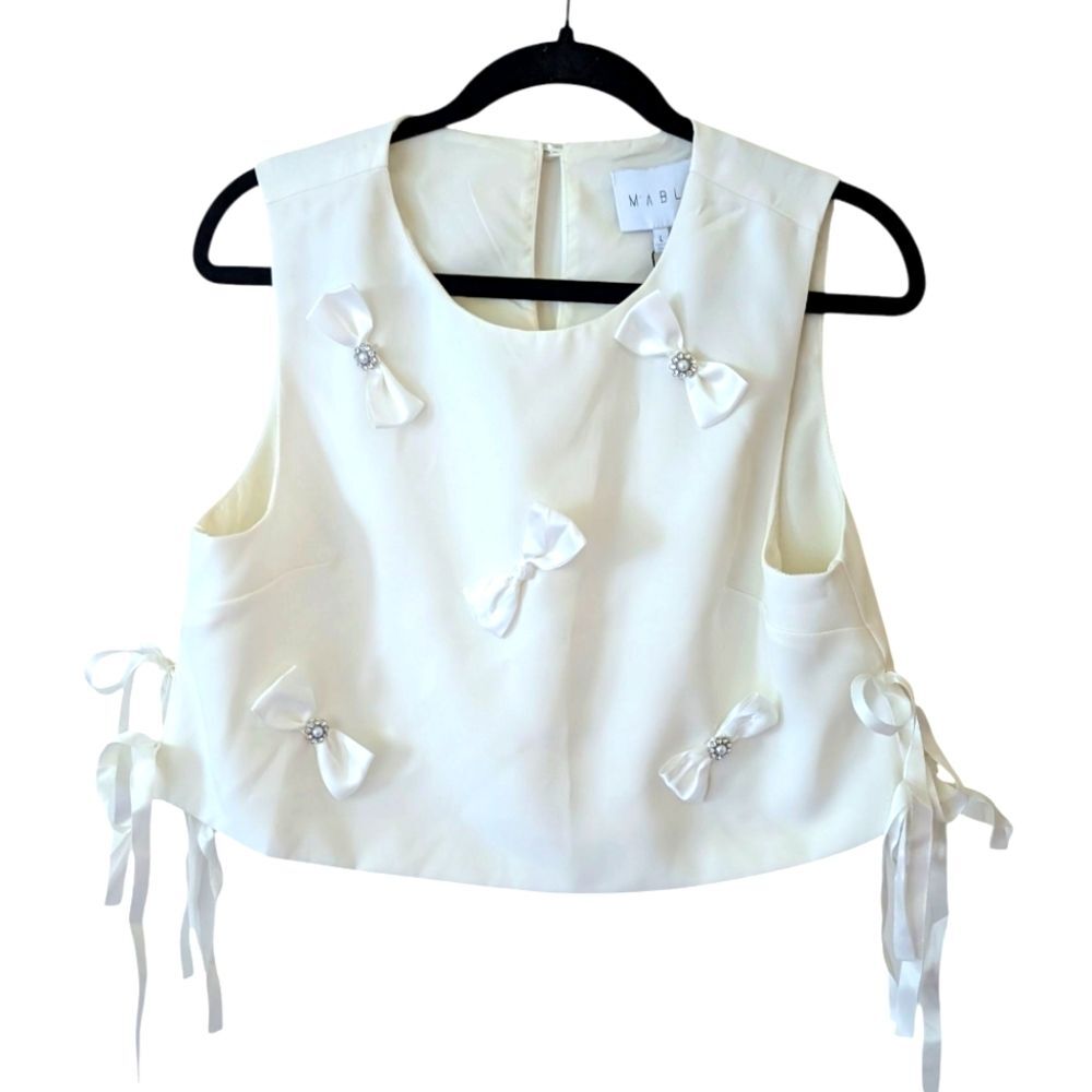Mable White Cropped Side Tie Bow‎ Detail Bridal Bachelorette Blouse Size Large
